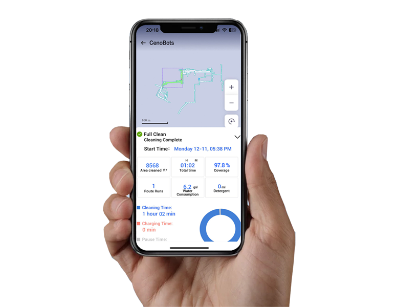 Mit der mobilen App des CenoBots können Sie Reinigungsrouten planen, den Standort überwachen und Benachrichtigungen erhalten.