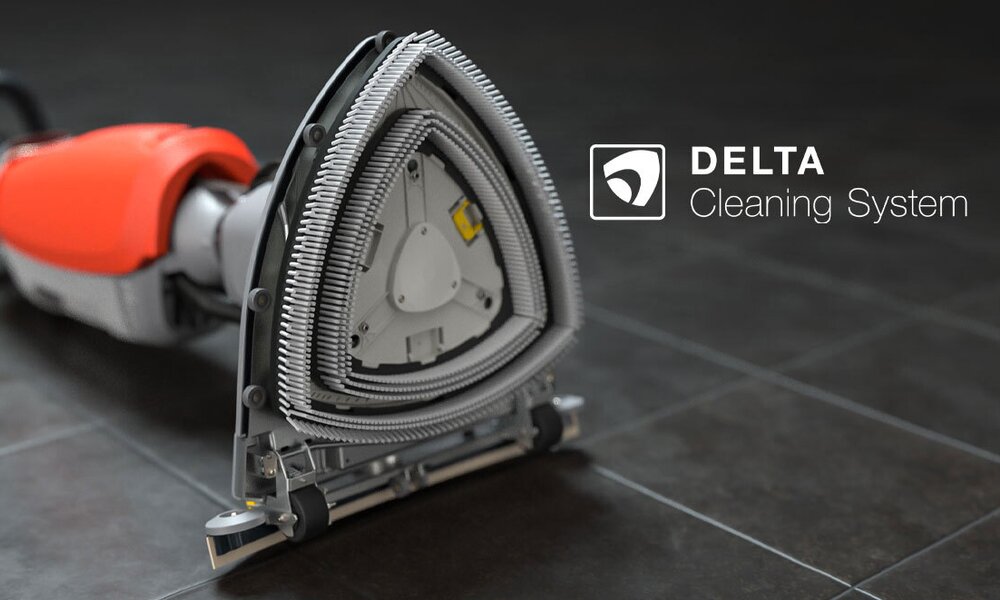 Bodenreinigungsmaschine von Stangl Scrubmaster B5 mit Delta Cleaning System  ermöglicht schwer zugängliche Stellen zu reinigen