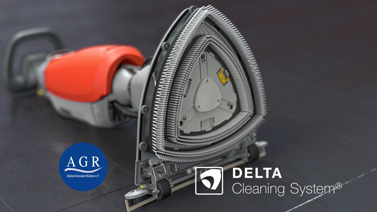 Bodenreinigungsmaschine von Stangl Scrubmaster B5 mit Delta Cleaning System  ermöglicht schwer zugängliche Stellen zu reinigen