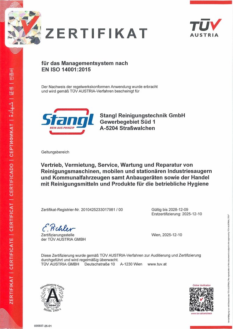 Stangl Reinigungstechnik ist zertifiziert nach ISO 14001 Umweltmanagement
