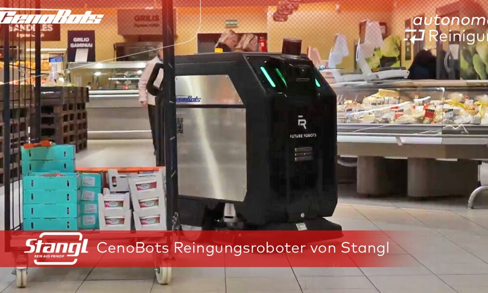 Autonomer CenoBots Reinigungsroboter von Stangl reinigt zuverlässig und sicher auch im Supermarkt