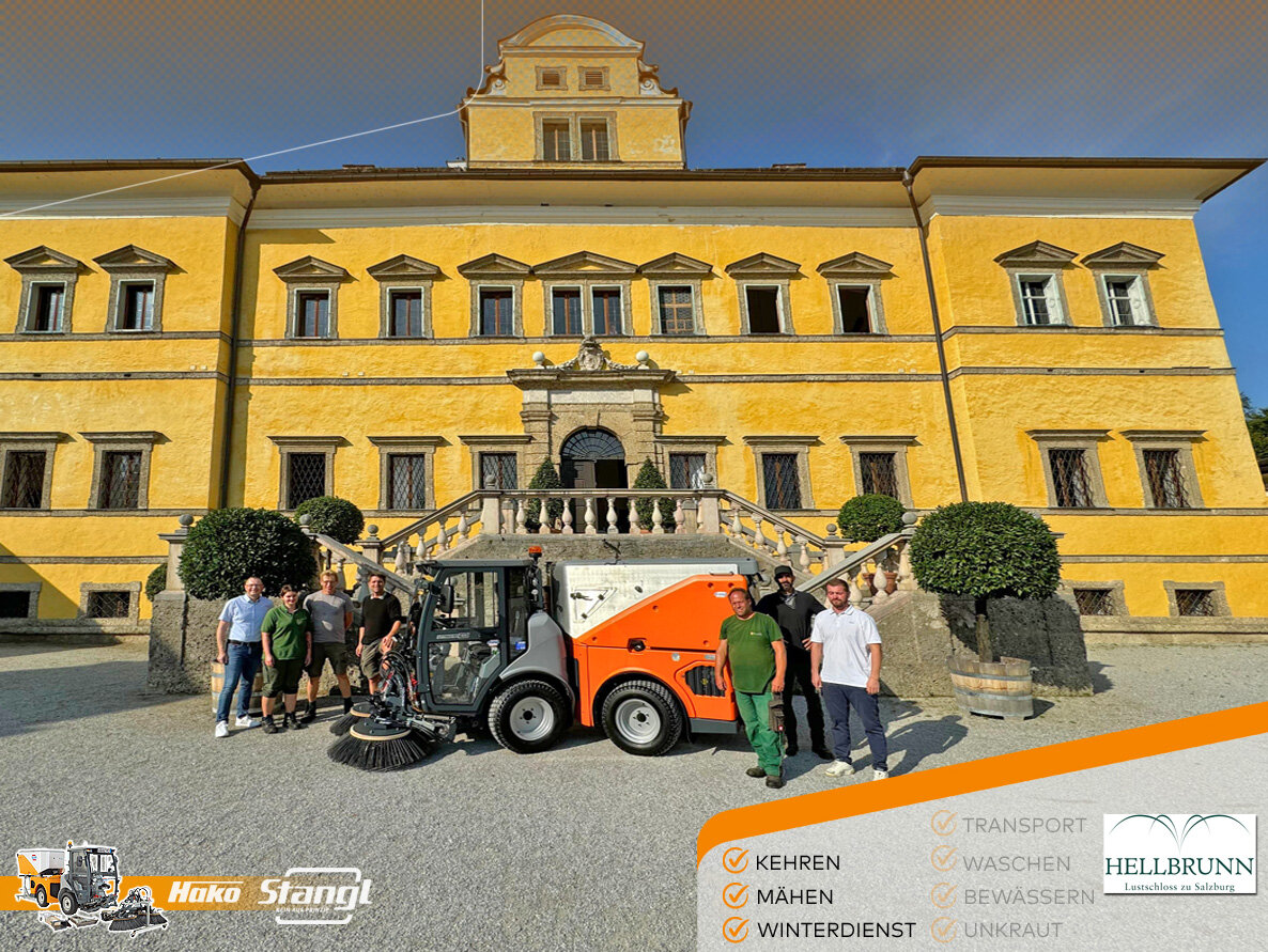 die neue Hako Citymaster von Stangl wird beim Schloss Hellbrunn zum Kehren, Mähen und für den Winterdienst eingesetzt