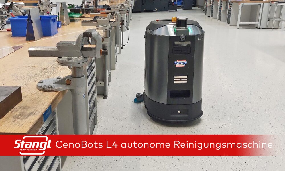 Cenobots autonome Reinigungsmaschine von Stangl, Reinigungsroboter reinigt in Werkstatt und Produktion
