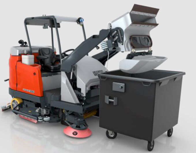 Kehrsaug- und Scheuersaugmaschine beim Entleeren des Grobschmutzes in einen Container