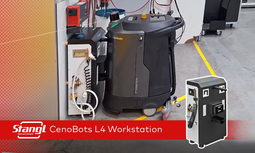 autonome Reinigungsmaschine dockt selbstständig an die Workstation an um Wasser zu entleeren, befüllen und Batterie zu laden