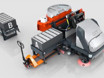 Batteriewechselsystem der Hako Aufsitz Bodenreinigungsmaschine B400-R von Stangl zum werkzeuglosen und schnellen Austausch der Batterie