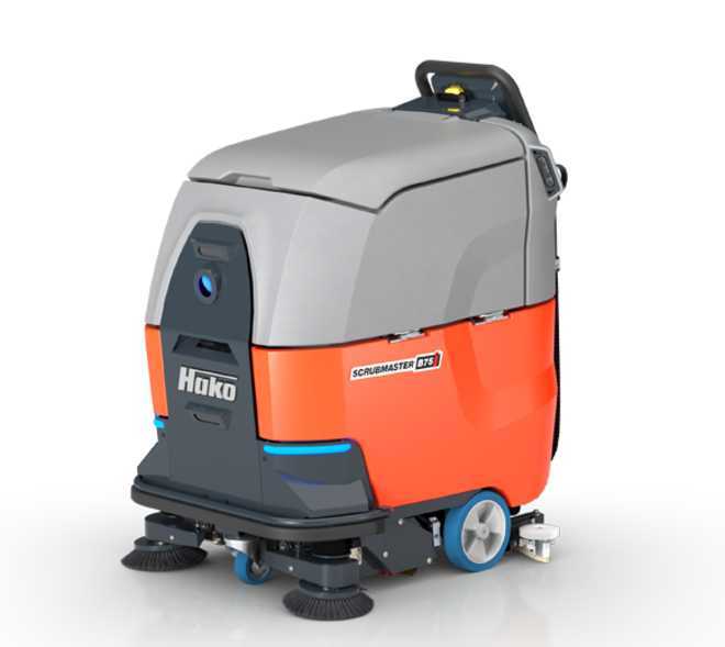 Autonome Bodenreinigungsmaschine Hako B75i von Stangl Variante mit Walzenbürste und zwei zusätzlichen Seitenbesen.