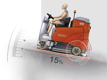 die neue Aufsitz-Bodenreinigungsmaschine von Stangl Hako Scrubmaster B175-R bewältigt mühelos Steigungen von 15 Prozent