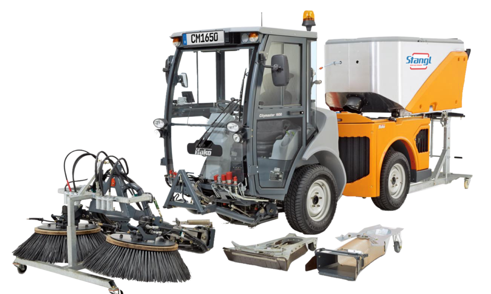 Schnellwechselsystem Hako Citymaster 1650 Geräteträger von Stangl, kommunaler Geräteträger für Winterdienst, zum Kehren als Kompaktkehrmaschine, Gießen, Bewässern, Mähen von Sportplätzen und vieles mehr 