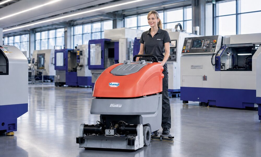 Bodenreinigungsmaschine Scrubmaster B70 für große und mittlere Flächen im Einsatz im Produktionsbereich